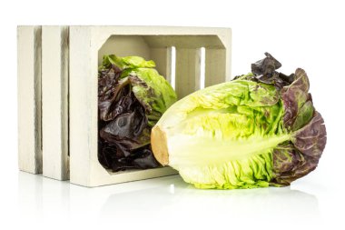 Whit üzerinde izole bir ahşap kutu iki kafası dışında iki bütün taze yeşil salata kırmızı küçük taş çeşitli grup