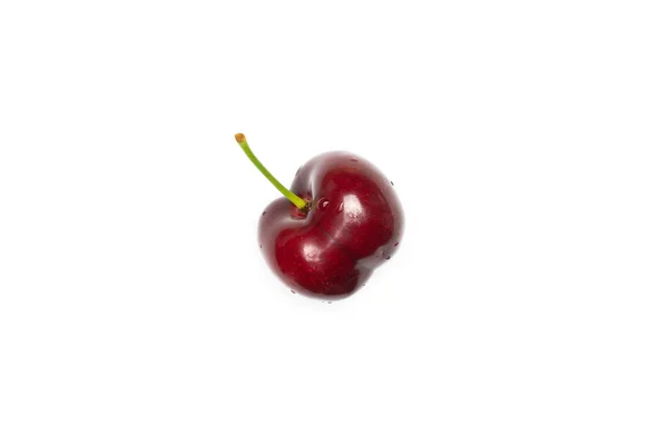 One Whole Sweet Bright Red Cherry Flatlay Isolated Whit — Stock Photo, Image