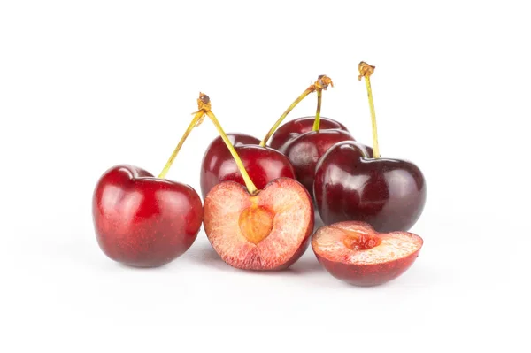 Group Four Whole Two Halves Sweet Bright Red Cherry Isolated — Stock Photo, Image