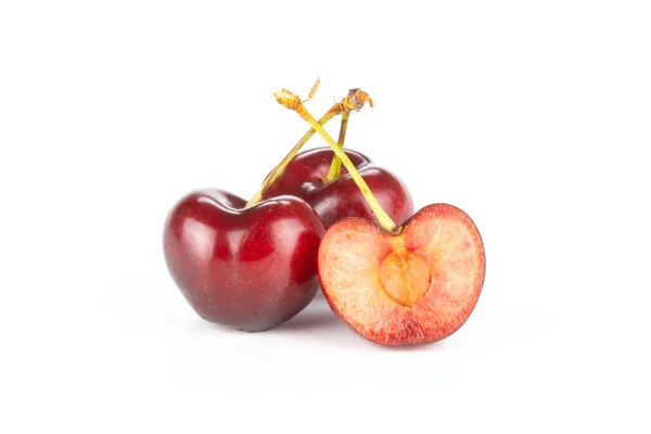 Group Two Whole One Half Sweet Bright Red Cherry Isolated — Stock Photo, Image