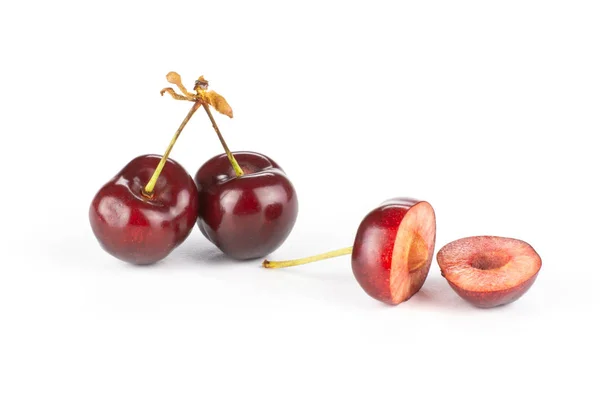 Group Two Whole Two Halves Sweet Bright Red Cherry One — Stock Photo, Image