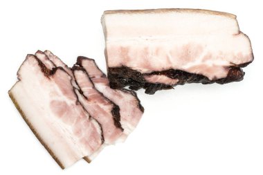 Üç grup bir parça üzerinde beyaz izole İngilizce pastırma flatlay dilim