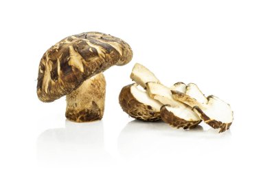 Bir bütün üç dilim taze çiğ kahverengi shiitake mantar whit üzerinde izole Grup