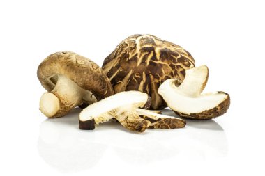 İki yarım bütün grup iki dilim taze çiğ shiitake mantar whit üzerinde izole kahverengi