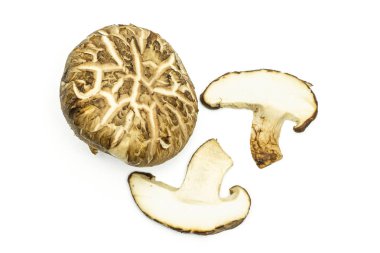 Taze çiğ kahverengi shiitake mantar flatlay whit üzerinde izole bir bütün iki dilim Grup