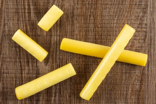 Group Five Whole Smoked Slovak String Cheese Stick Flatlay Brown — Stock Photo, Image