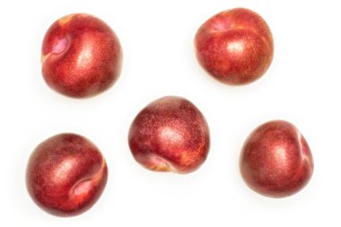 Grup üç bütün taze pluot interspecific Erik çeşitli flatlay beyaz izole