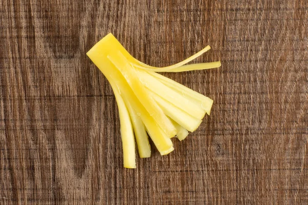 One Piece Smoked Slovak String Cheese Stick Flatlay Brown Wood — Stock Photo, Image