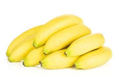 Grup sekiz bütün taze sarı muz beyaz arka plan üzerinde izole