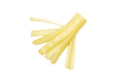 One piece of smoked slovak string cheese stick thick shreds flatlay isolated on white background clipart