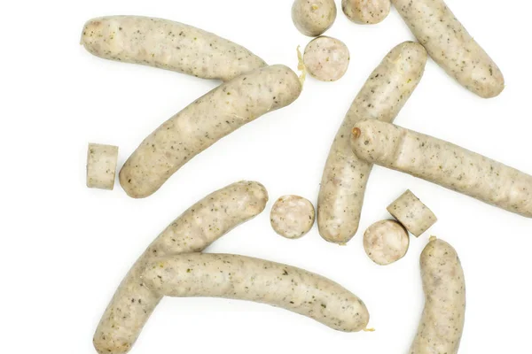 Sacco Fette Salsiccia Bianca Bavarese Pila Flatlay Isolato Bianco — Foto Stock