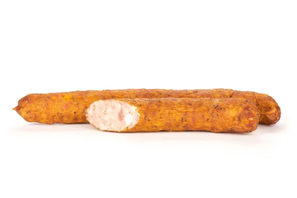 Gruppe Von Einer Ganzen Hälfte Trockener Geräucherter Schinkenwurst Isoliert Auf — Stockfoto