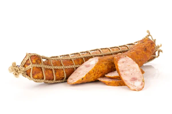 Groupe Une Moitié Entière Trois Tranches Saucisse Jambon Fumé Sec — Photo