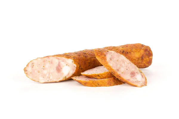 Gruppe Von Einer Hälfte Drei Scheiben Trockene Geräucherte Schinkenwurst Isoliert — Stockfoto