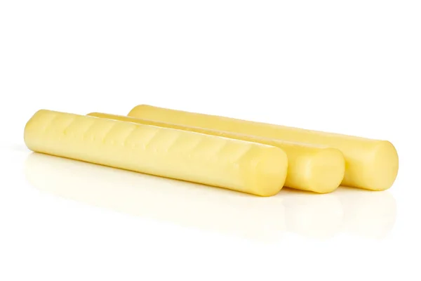 Grupo Três Inteiro Defumado Eslovaco String Cheese Stick Linha Isolada — Fotografia de Stock