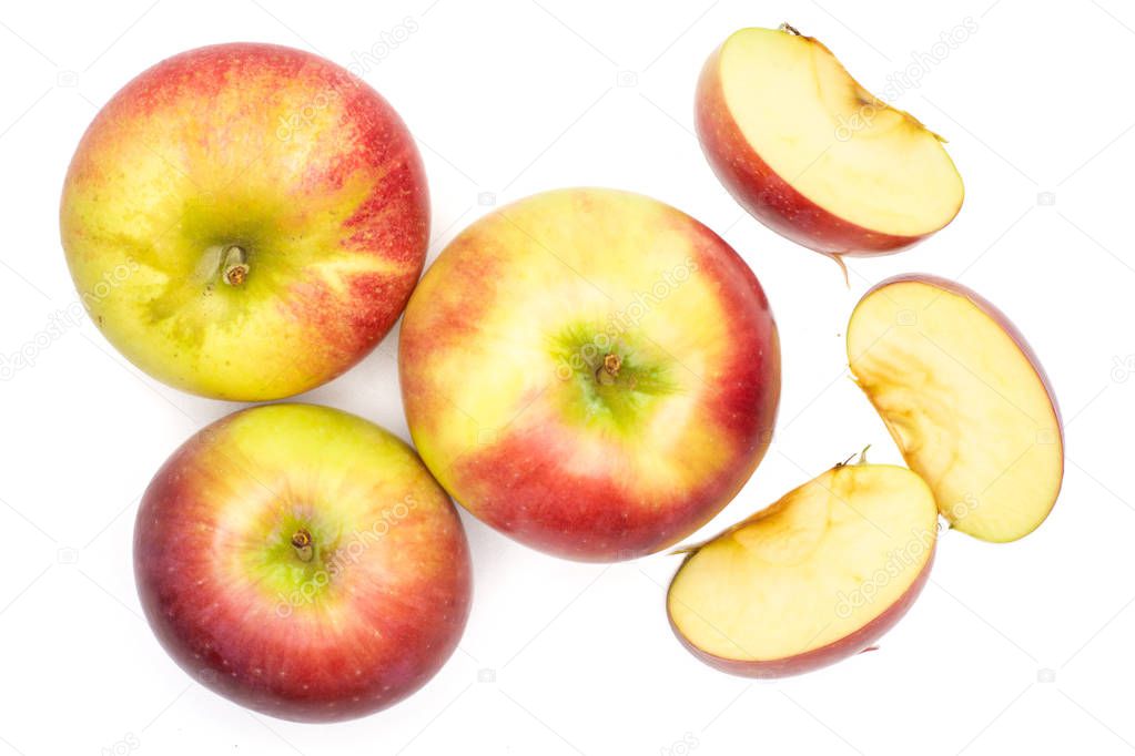 Group of three whole three slices of fresh red apple james grieve variety flatlay isolated on white background