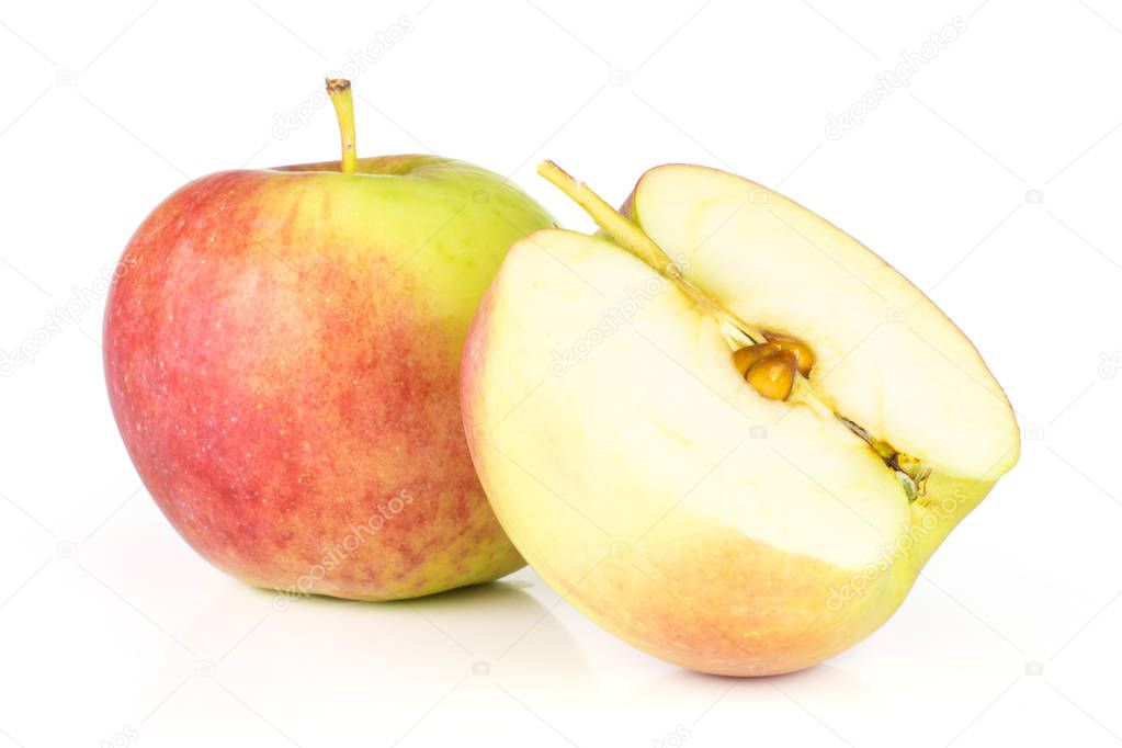 Group of one whole one half of fresh red apple james grieve variety isolated on white background