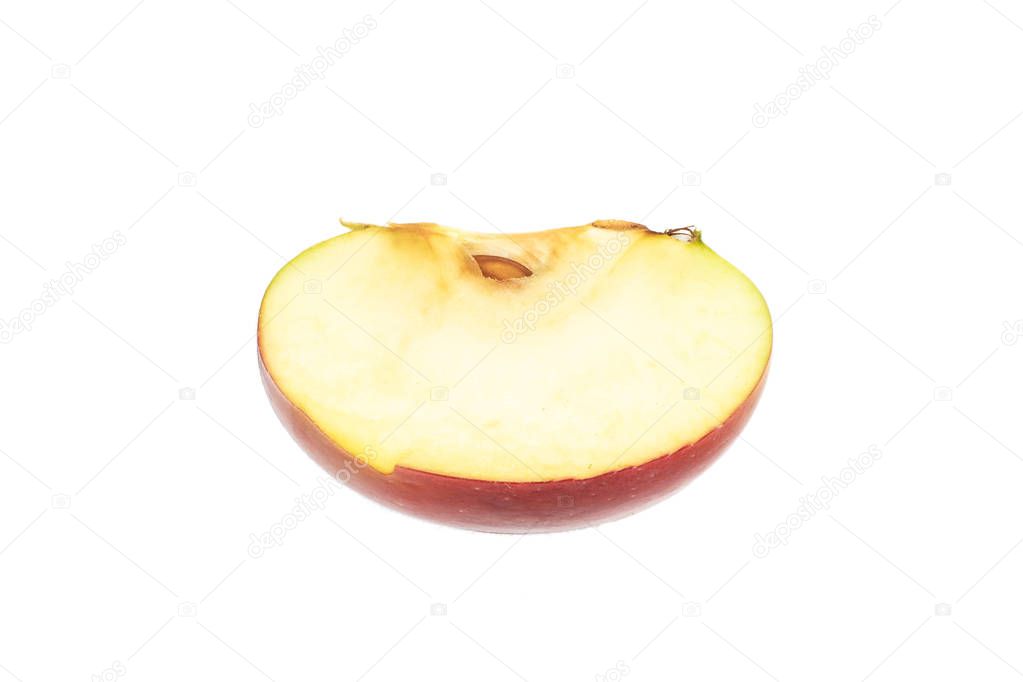 One slice of fresh red apple james grieve variety flatlay isolated on white background