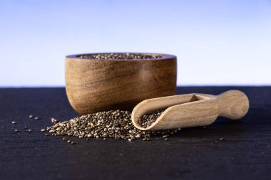 Bir kepçe ile ahşap kase bütün taze benekli chia tohum arka planda mavi gradyan ile sürü