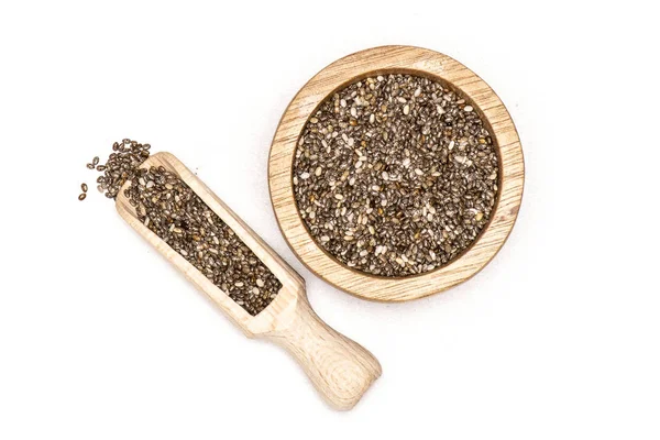 Lot Whole Fresh Mottled Chia Seeds Scoop Wooden Bowl Flatlay — Stock Photo, Image