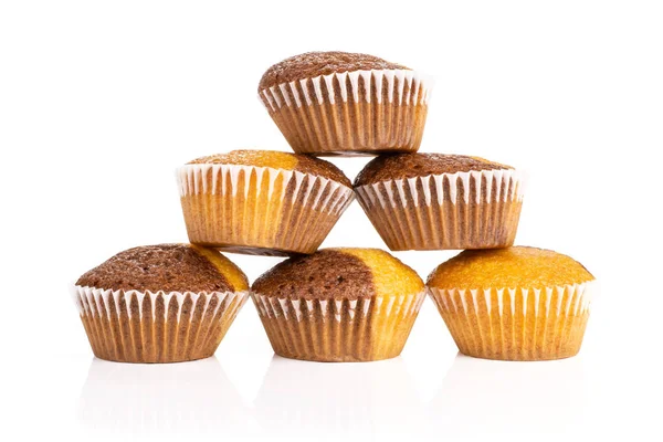 Uppsättning Sex Hel Färsk Ugnsbakad Marmor Muffin Isolerad Vit Bakgrund — Stockfoto