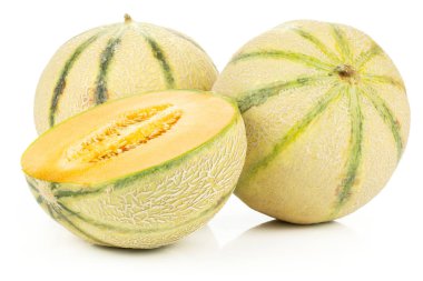 Grup iki yarısı tamamen taze karpuz kavun çeşitli beyaz arka plan üzerinde izole