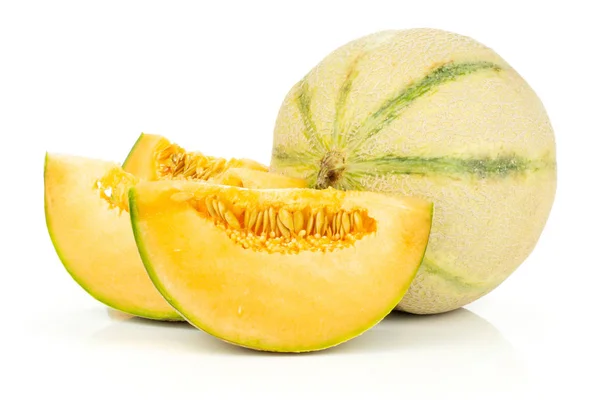 Conjunto Tres Rebanadas Enteras Melón Fresco Variedad Melón Aislado Sobre — Foto de Stock