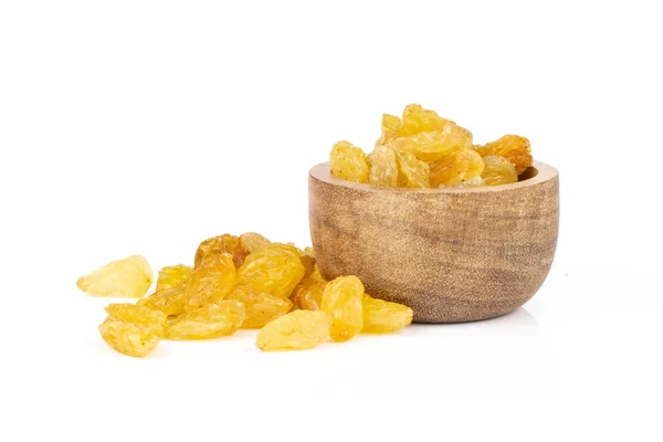 Lot Whole Dry Golden Raisins Sultana Variety Wooden Bowl Isolated — Stock Photo, Image