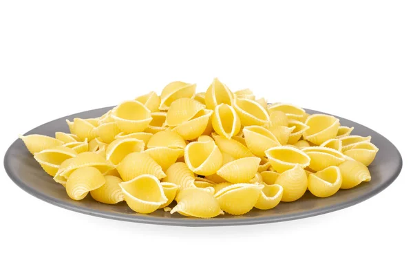 Stor Hela Råa Gul Pasta Conchiglie Variation Grå Keramiska Plattan — Stockfoto