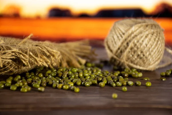 背景秋季田黄麻卷带全干绿豆的设置 — 图库照片