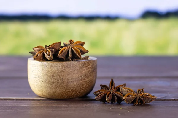 Dry brown star anise fruit with field behind