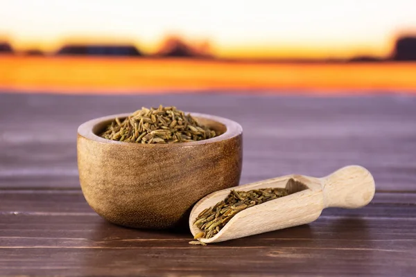 Roman caraway cumin with autumn field behind — Stock Photo, Image