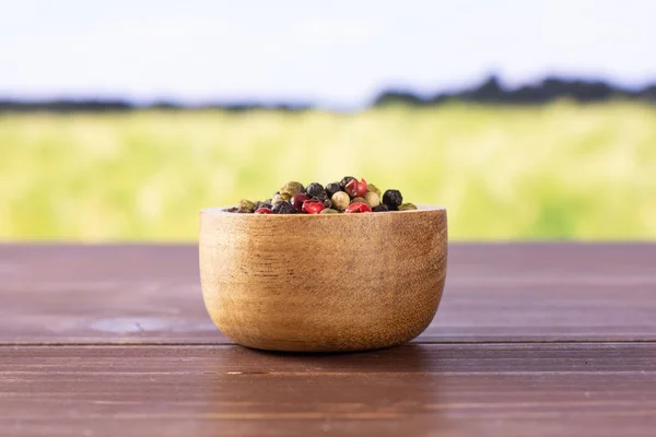 Quatro cores de pimenta com campo atrás — Fotografia de Stock