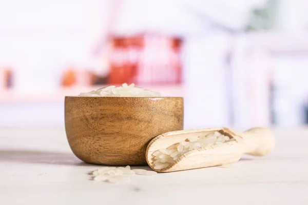 White jasmine rice with kitchen behind — 스톡 사진