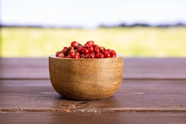 Pink peruvian pepper with field behind