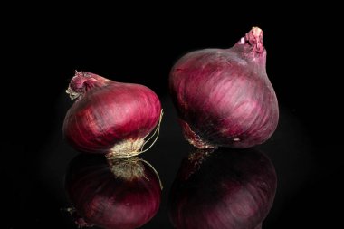 Siyah cam üzerine izole bayat kırmızı soğan