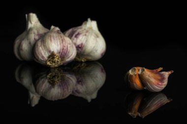 Beyaz organik sarımsak siyah cam izole