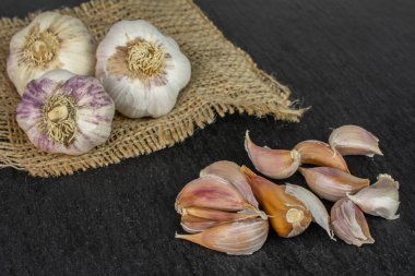 Gri taş üzerine beyaz organik sarımsak