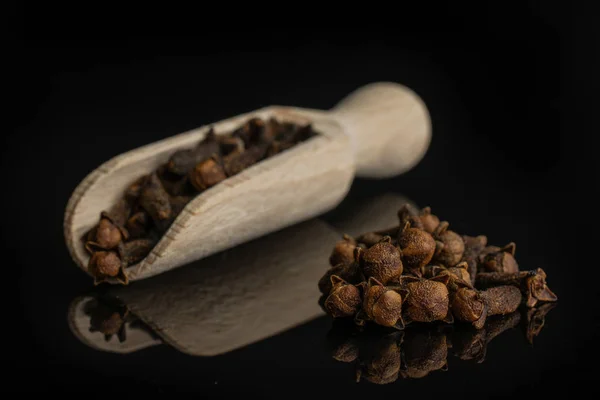 Dry brown clove isolated on black glass — Stock Photo, Image