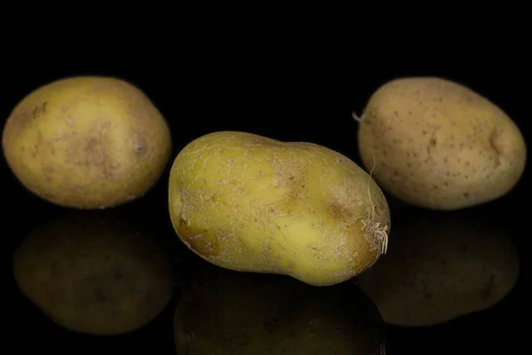 Raw brown potato isolated on black glass — Stock Photo, Image