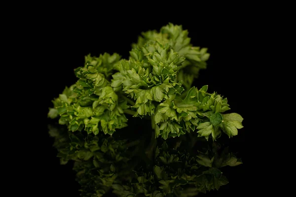 Frische grüne Petersilie isoliert auf schwarzem Glas — Stockfoto