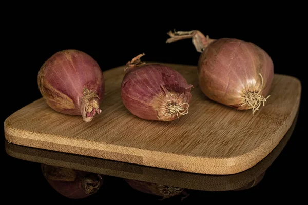 Fresh brown shallot isolated on black glass — Stock Photo, Image