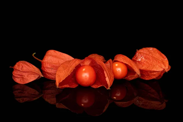 Physalis laranja fresco isolado em vidro preto — Fotografia de Stock