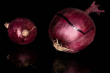 Siyah camdan izole edilmiş taze kırmızı soğan.