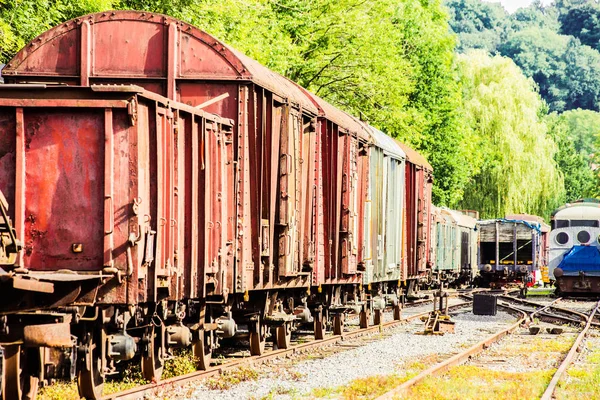 Varios vagones oxidados y tren en las vías Imágenes De Stock Sin Royalties Gratis