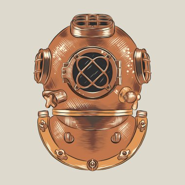 Antika ağır pirinç veya bakır dalış kask vektör çizim. Vintage tüplü takım elbise bölümü, endüstriyel dalgıç donanımları, derin deniz dalış için. Robot resim oyma