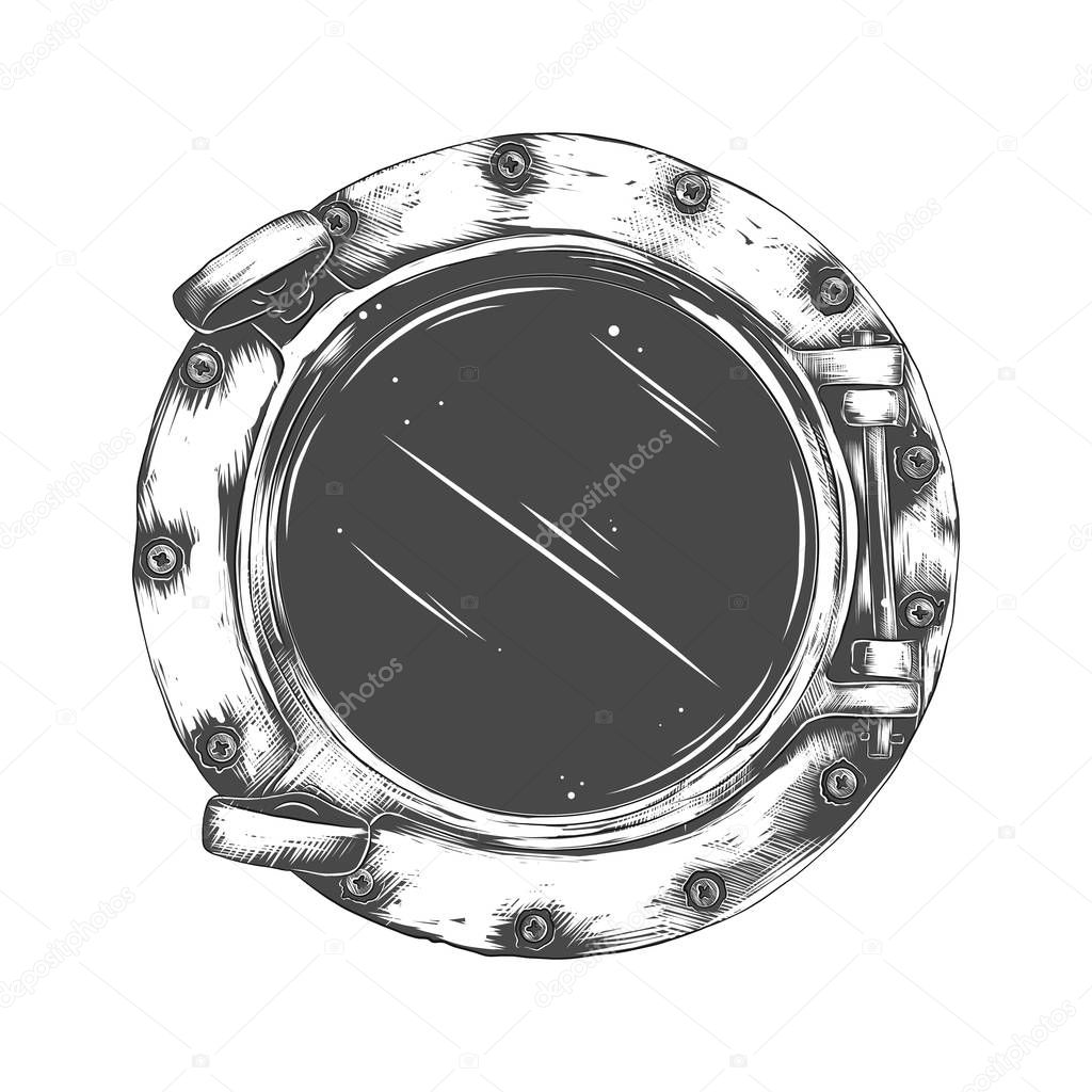 Vector illustration of metal porthole with  glass isolated on white background. Rivets mount