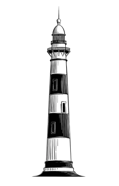 Schizzo disegnato a mano di faro in nero isolato su sfondo bianco. Disegno dettagliato in stile vintage. Illustrazione vettoriale — Vettoriale Stock