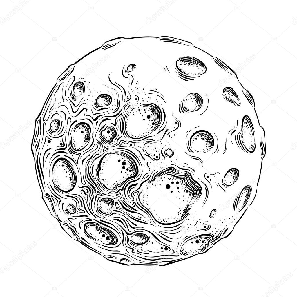 Hand drawn sketch of moon planet in black isolated on white background. Detailed vintage style drawing. Vector illustration.