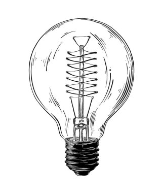 El ampul siyah beyaz arka plan üzerinde izole çizilmiş kroki. Vintage tarzı çizim ayrıntılı. Vektör çizim